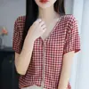 Cárdigan de Punto de Verano Nuevo 2025 Tencel Lyocell Cuello V Blusa de Manga Corta Top Diseño a Cuadros
