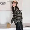 Cardigã Suéter Outono e Inverno para Meninas 2026 Novo Casual Estilo Coreano Suéter de Tricô Listrado Casaco para Meninas Mais Velhas