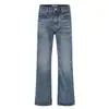 Jeans Azules Lavados Estilo Retro Americano 11KN para Hombres y Mujeres Corte Delgado Estilo Urbano Desgastados Deshilachados Modernos Casuales Pierna Recta Pierna Ancha Pantalones