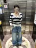 Tejido de pelo sintético, suéter de cuello en V a rayas de bloques de color, nuevo estilo otoño/invierno 2026 para mujer, capa interior, top de punto