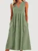 Ropa de Mujer Nueva Transfronteriza Europea y Americana Primavera y Verano Casual Holgada Moda Retro Algodón y Lino Sin Mangas Cuello en V Vestido con Bolsillo
