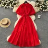 Vestido de Moda Estilo Francés con Cuello, Manga Farol, Cinturón de Tira, Falda Larga Volanteada Brillante Adelgazante Elegante para Mujer