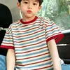 Camiseta Listrada de Manga Curta para Meninos e Meninas, Roupa de Verão, Algodão Puro, Versátil, Top Estiloso, para Crianças Maiores, Marca da Moda, Camada Base Casual, Camiseta da Moda