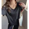 Camiseta de Manga Corta Holgada Estilo Perezoso con Cuello en V y Estampado de Copos de Nieve de Algodón para Mujer, Versión Coreana, Top Básico Casual Color Sólido Versátil
