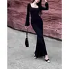 Vestido Negro de Estilo Francés con Cuello Cuadrado y Mangas Largas para Mujer, Primavera y Otoño, Ceñido a la Cintura, Adelgazante, Bodycon, Falda de Cola de Pez, Estilo Largo, Transfronterizo