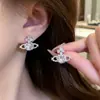 Brincos Saturno de Alta Qualidade para Mulheres, Estilo de Luxo Leve, Brincos Versáteis, Design de Nicho Popular, Brincos de Agulha de Prata com Zircônia Totalmente Diamantada
