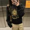 Moletom gola redonda com estampa de girassol retrô americano, corte solto para outono e inverno, emagrecimento, estiloso, casual e relaxado