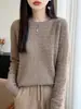 Suéter de tricô 100% lã, ponto sete, fio único, padrão concha vazado, gola redonda, para mulheres, modelagem solta, afina a silhueta, pulôver, adequado para o trabalho