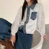 Nuevo diseño estilo coreano, otoño/invierno, con cuello, cárdigan de punto vaquero patchwork, corte holgado, prenda de abrigo a la moda, suéter para mujer