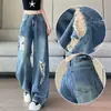 Jeans anchos de tiro bajo rasgados estilo americano para mujer, versión fina de verano 2026, súper populares, reductores de abdomen, corte ancho, pantalones largos desgastados