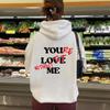 Suéter de outono e inverno transfronteiriço Europa e Estados Unidos novo você me ama carta impressa com capuz bolsa gola forrada de lã suéter feminino