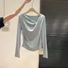 Camiseta feminina azul claro estilo coreano de 2026, ombro a ombro, manga longa, coleção de outono, com decote solto, mistura de cashmere, adequada como camada base ou peça externa