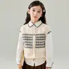 Colete de Lã Jacquard Sem Mangas com Botões para Crianças, Meninos e Meninas, Outono e Inverno, Cardigan de Tricô com Gola Redonda para Crianças Grandes