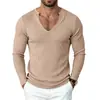 Suéter Casual Masculino de Tricô Canelado com Decote em V Profundo, Cor Lisa, Ajuste ao Corpo, Manga Longa