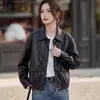 Chaqueta de cuero genuino Haining para mujer, estilo corto, primavera y otoño, corte holgado, cuello de solapa, estilo motero, chaqueta de piel de cordero negra para personas menudas