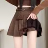 Falda corta plisada de gamuza marrón para mujer, nuevo estilo otoño 2026, falda de línea A de cintura alta Maillard para mujeres petites 13428-1