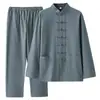Traje Tang de primavera e outono para homens e jovens, traje masculino de estilo chinês, traje de algodão e linho, traje étnico, traje chinês, conjunto de duas peças
