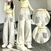 Pantalones de pierna ancha de retazos con estampado de leopardo de moda para mujer, con diseño de remaches, estilo callejero, corte holgado, versátiles pantalones largos de mezclilla