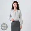 Camisa de Manga Larga Gris con Cuello en V para Mujer Traje de Dos Piezas Pantalones Falda Sencillo Profesional Otoño e Invierno Ropa de Trabajo Nueva