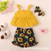 Niñas Primavera y Verano 2025 Nuevo Estilo Coreano Ropa Infantil Sin Mangas Color Liso Top Halter + Pantalones Cortos con Estampado de Flores Diadema