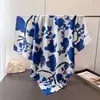 Bufanda Cuadrada Grande Estampada Estilo Coreano con Cinta Floral de Satén Imitación Seda, Bufanda de Seda, Chal, Pañuelo para la Cabeza, Protector de Cuello, Bufanda para el Cuello, Bufanda Decorativa