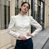 Top jacquard elegante estilo francês com gola alta para mulheres, design outono e inverno 2026, jaqueta acinturada com manga bufante, vestuário feminino transfronteiriço