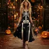 Vestido de suspensório com estampa de esqueleto para Halloween feminino, padrão vintage de morcego e lua, corte solto, vestido longo atmosférico para festa
