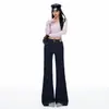 Jeans Flares de Cintura Alta Elástico com Botão Duplo Estilo Coreano Laranja Juvenil para Mulheres, Slim Fit, Calças Boca de Sino Estilosas e Versáteis