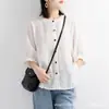 Nueva Camisa de Algodón y Lino para Mujer de Primavera y Otoño con Mangas de Linterna, Top Artístico Vintage, Camisa Holgada de Manga Media Talla Grande para Mujer