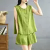 Ropa para Mujer Talla Grande de Verano Holgada Transpirable Cuello Redondo Sin Mangas Chaleco de Botones Top Shorts Conjunto Sencillo de Moda Versátil
