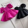 Nuevo Vestido de Ceremonia de Anfitriona para Niñas Mangas de Burbuja con Perlas Falda Esponjosa de Princesa Disfraz para Desfile de Moda de Piano Infantil y Actuación de Danza