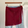 Falda de Punto Calado con Lazos Inspirada en el Diseño para Mujer, Nueva Moda Otoñal Versátil, Falda Exterior de Color Sólido tipo Envolvente