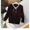 Diseño Estilo Coreano Tejido de Punto con Encaje y Cordones para Mujer Invierno Nuevo Suéter Cuello en V Slim Top Interior para Mujer Trendy