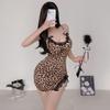 Leopardo impressão cinta camisola verão fino slim-fit sexy tentação de renda Sao V-pescoço francês temperamento vestido