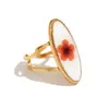 Pulseira de Temperamento Retro de Nicho Europeu e Americano Aço Inoxidável Banhado a Ouro 18K Padrão Martelo Anel Aberto Oval Transparente Flor