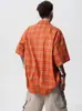 Camisa de Manga Corta a Cuadros Naranja Estilo Retro Americano High Street para Hombre Verano Holgada y Versátil Casual Cuello de Solapa Camisa de Trabajo
