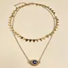 Colar Europeu e Americano de Camada Dupla Empilhável para Mulheres Corrente de Clavícula Serrilhada Triangular Retrô Pingente Olho Azul Olho do Mal Acessório Versátil