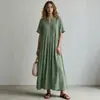 Comercio Electrónico Transfronterizo Europa y América 2026 Nuevo Estilo Vestido Largo para Mujer Casual Holgado Cuello en V Manga Corta Plisado Vestido de Algodón Lino Mujer