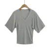675-25 Nuevo Estilo de Verano Estilo Europeo y Americano Lyocell Sexy Cuello en V Profundo Ceñido a la Cintura Manga Corta Estilo Perezoso Top Camiseta para Mujer