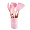 Em estoque utensílios de cozinha de silicone com cabo de madeira conjunto de 12 peças com barril de armazenamento panelas antiaderentes utensílios de cozinha conjunto de 11 peças