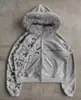Moletom com zíper, capuz e gola de pelo, novo estilo outono e inverno, estampa de leopardo e estampa de letras, jaqueta solta de manga comprida, cross-border INS