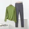 Conjunto Casual de Dos Piezas para el Hogar, Holgado, Talla Grande, Modal Delgado, para Primavera y Otoño, con Cuello Semi Alto, Mangas Largas y Pantalones de Cintura Alta