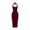 Elegante vestido de un solo color de alta gama, popular en Instagram, con cuello halter, fruncido en la cintura, diseño de espalda descubierta, corte ajustado, sexy vestido de noche
