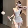Lencería sexy en múltiples colores, malla de encaje hueca transparente con un cuello de bolsillo, uniforme de falda corta ajustado de dos piezas, disponible para dropshipping