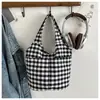 Bolsa Colete Xadrez Retrô Estilo Coreano, Bolsa de Compras Leve de Grande Capacidade para Meninas, Bolsa de Ombro de Lona Casual Versátil para Estudantes