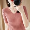 Verão novo v-neck malha manga curta feminina slim-fit elegante meia manga coringa simples candy cor camiseta atacado