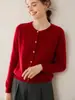Cárdigan de cachemira con cuello redondo para mujer, cachemira fina de color liso, tejido suelto, chaqueta suéter, estilo ajustado