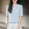 Camisa de Punto Fina de Lino con Cuello Polo de Manga Corta para Mujer 26 Verano Lyocell Retro Top de Camisa Polo con Cuello en V