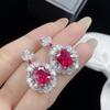 Brincos de pingente de gota femininos, brincos longos em formato de travesseiro, fundo de malha oca de corindo vermelho de alta qualidade, simulação de pombo vermelho sangue