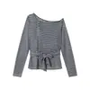 Blusa T-shirt Manga Longa Patchwork Colorido Listrado Off-Shoulder Nanxia para Mulheres, Novo Top Casual de Verão Off-Shoulder
